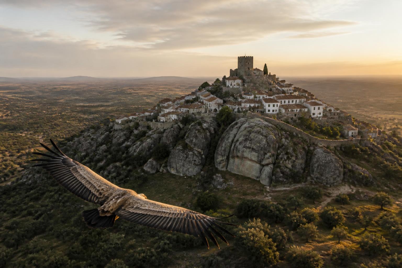A griffon vulture soaring over a granite ridge with a medieval hilltop village in the Alto Alentejo at dawn.